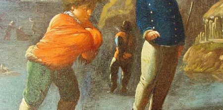Niños jugando. Escuela española. Óleo sobre metal.