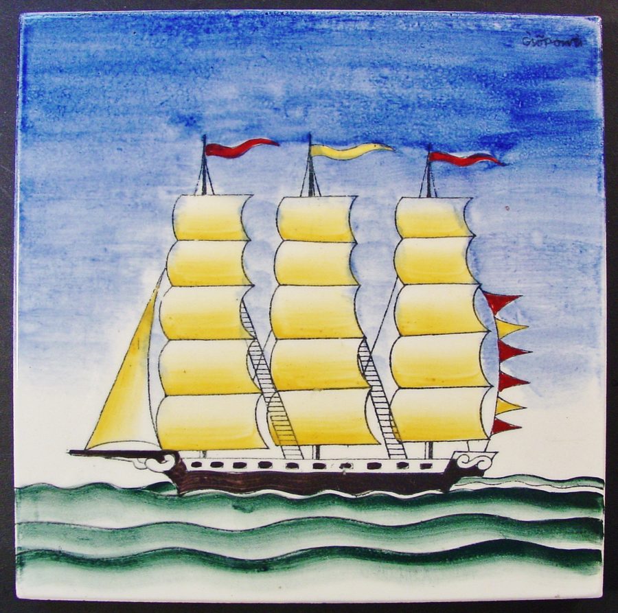 Gio Ponti. Ceramic tile. Ship. Signed. Gio Ponti. Barca a vela.